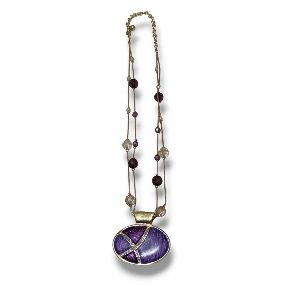 Purple Oval Pendant Necklace Multi Strand Gold Chain Beaded